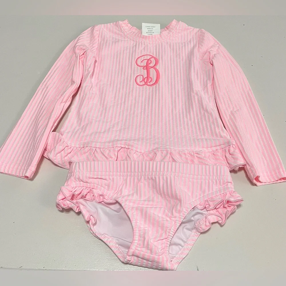 Pink Striped Kids 2 piece bathing suit with monogrammed “B” - Picture 2 of 7